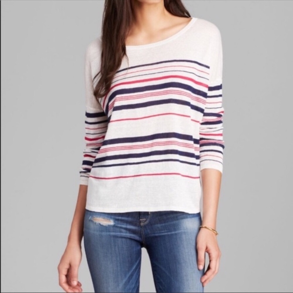 Joie 3/4 linen knit top white navy red stripe S